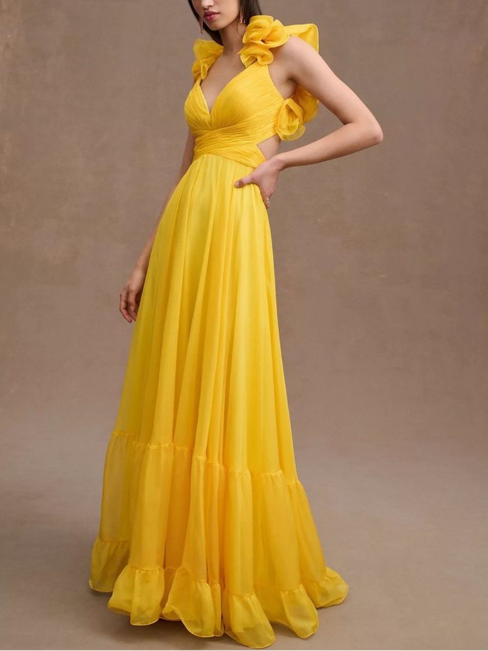 Mac Duggal Women’s Ruffle Tiered Chiffon Sunshine Yellow Maxi Dress Gown 67911